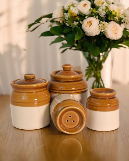 Dual Color Ceramic Handcrafted 2 Salt & Pepper Shakers With 2 Jars