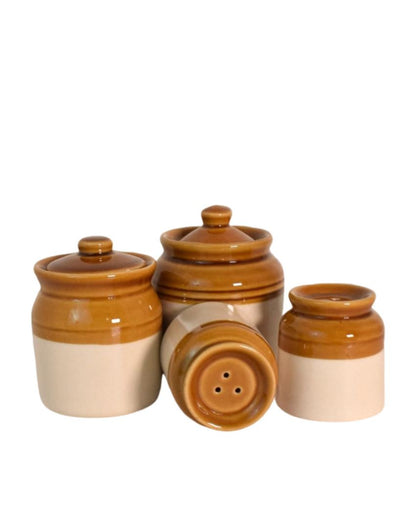 Dual Color Ceramic Handcrafted 2 Salt & Pepper Shakers With 2 Jars