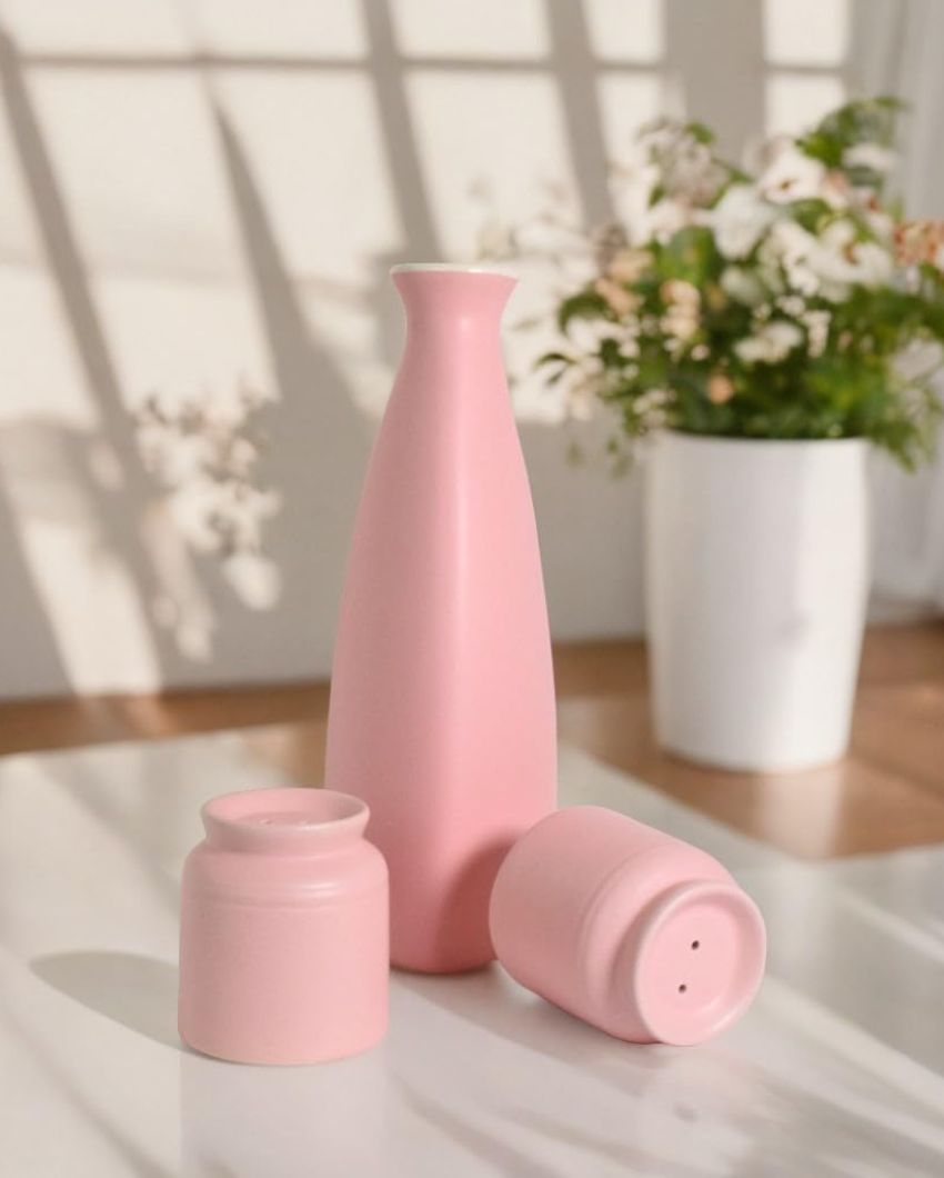 Pink Ceramic Handcrafted 2 Salt & Pepper Shakers With Flower Vase