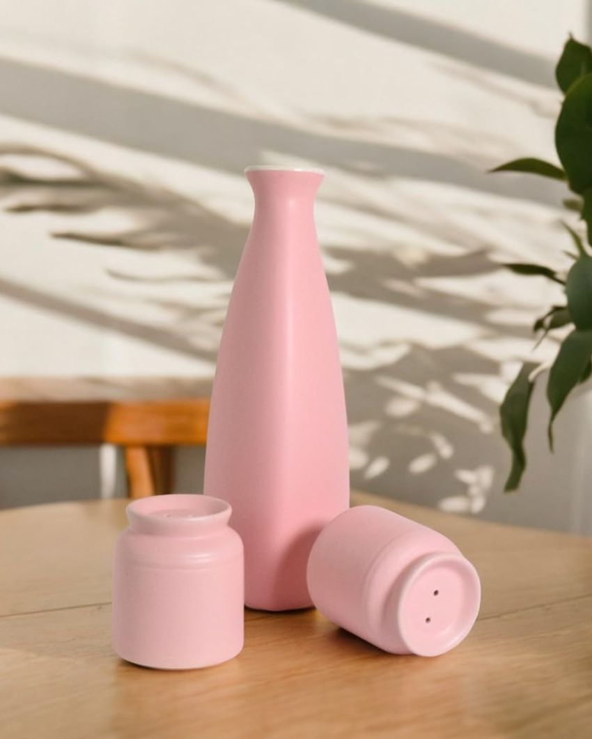 Pink Ceramic Handcrafted 2 Salt & Pepper Shakers With Flower Vase