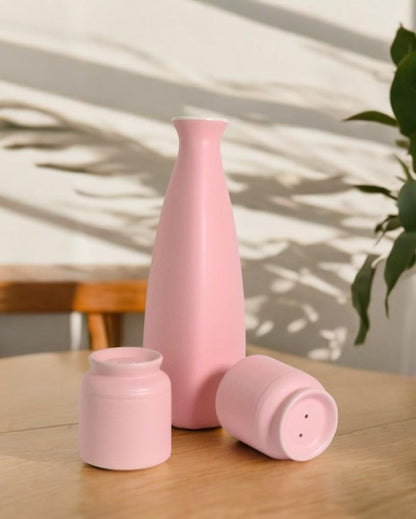 Pink Ceramic Handcrafted 2 Salt & Pepper Shakers With Flower Vase