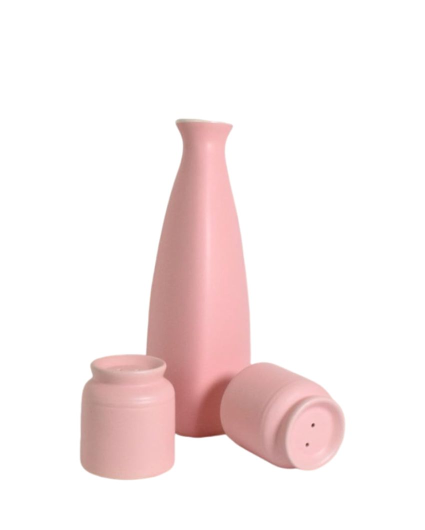 Pink Ceramic Handcrafted 2 Salt & Pepper Shakers With Flower Vase