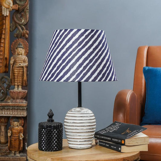 White Distressed Lamp With Striped Shade