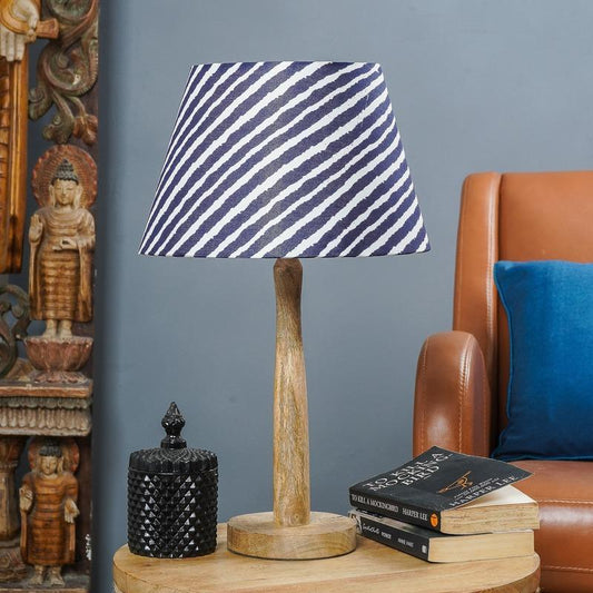 Wooden Pillar Lamp With Striped Shade