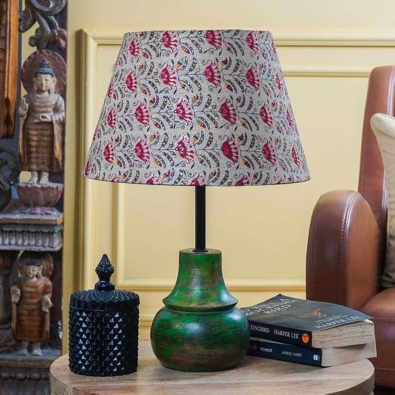 Green Sphere Shaped Lamp With Beige Floral Shade