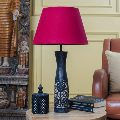 Black Floral Impressed Lamp With Red Shade