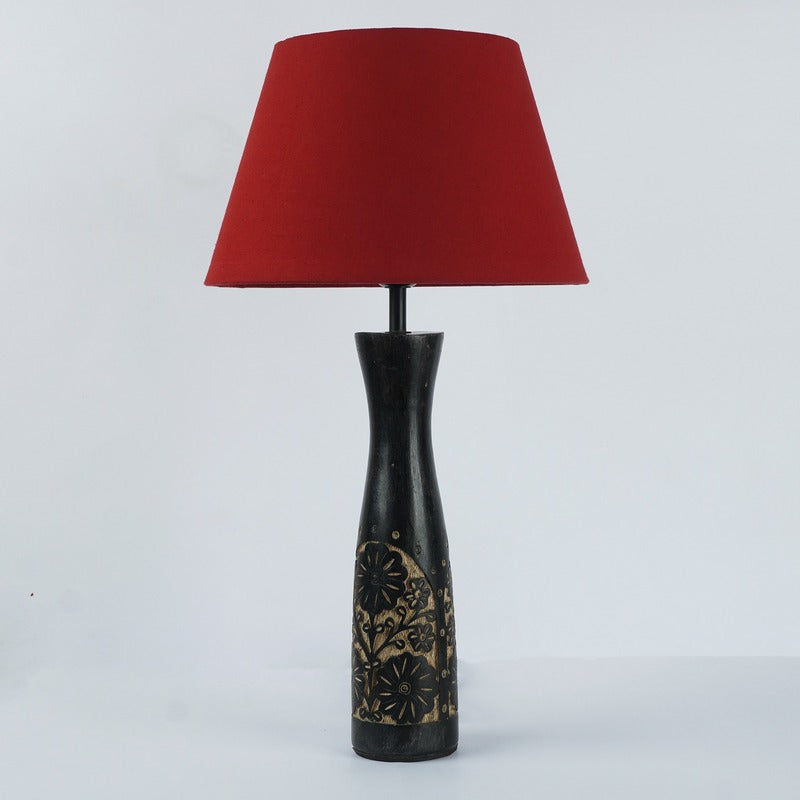 Black Floral Impressed Lamp With Red Shade