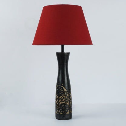 Black Floral Impressed Lamp With Red Shade