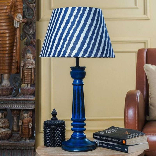 Vintage Blue Lamp With Blue Striped Shade