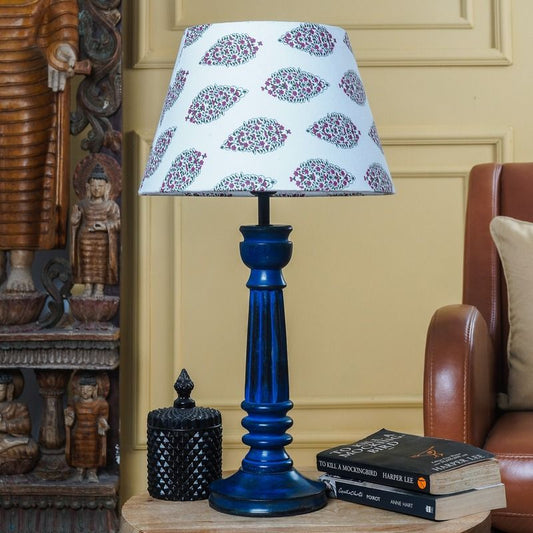 Vintage Blue Lamp With White Pattern Shade