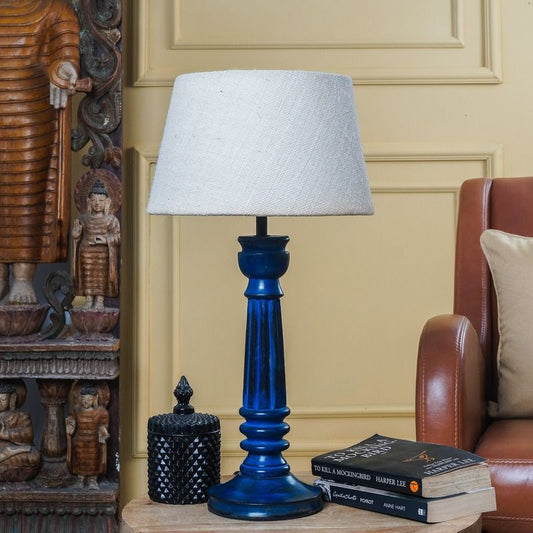 Vintage Blue Lamp With Beige Shade