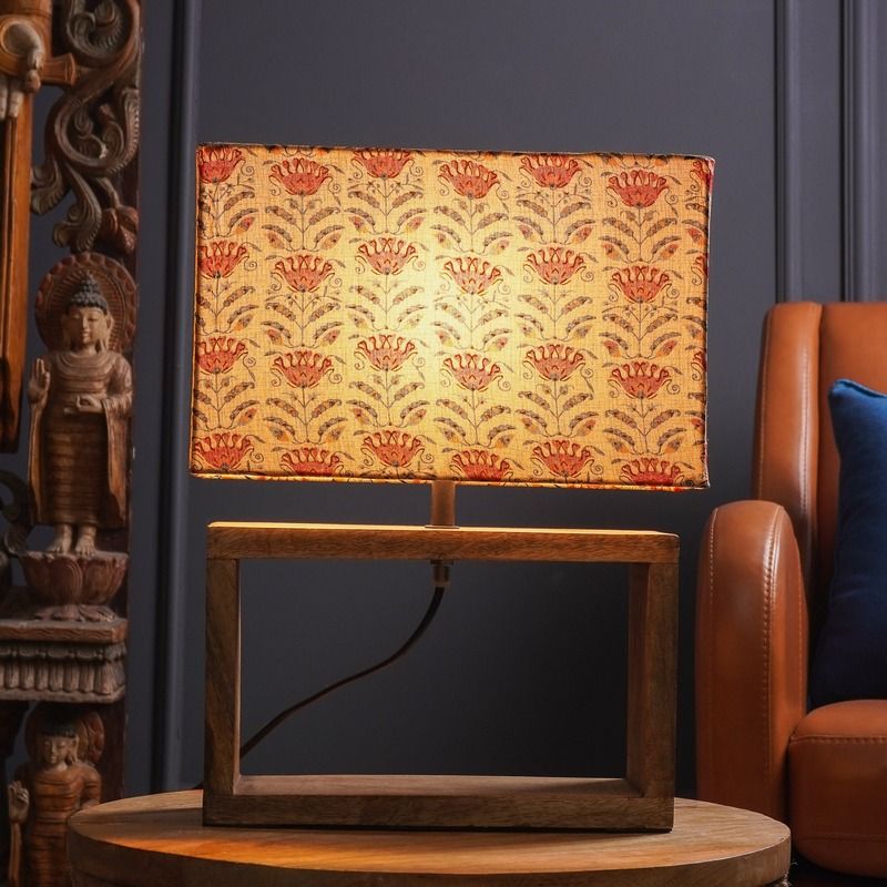 Brown Cuboid Lamp With Beige Floral Shade