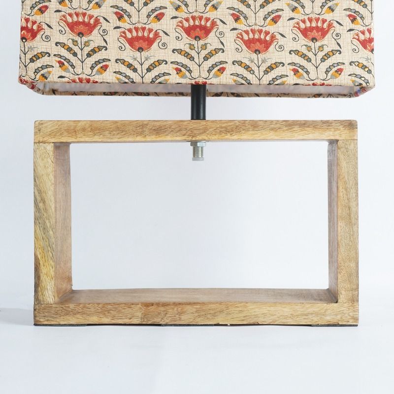 Brown Cuboid Lamp With Beige Floral Shade