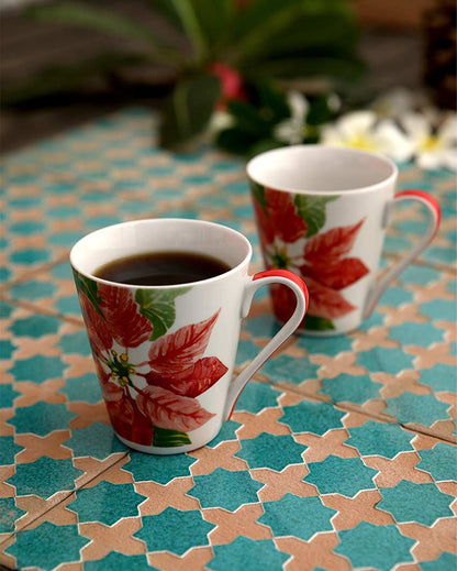 Red Leaves Porcelain Coffee Mugs | Set Of 2