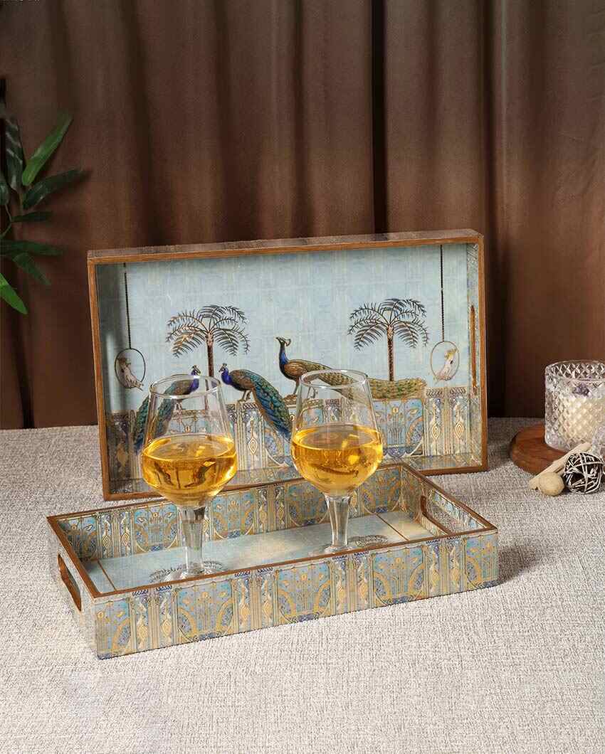 Royal Blue Classic Peacock Serving Mdf Trays | Set Of 2