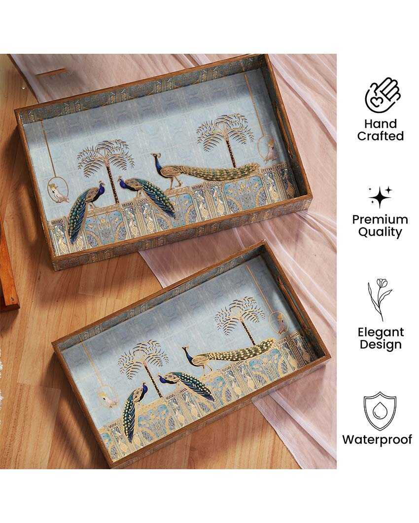 Royal Blue Classic Peacock Serving Mdf Trays | Set Of 2