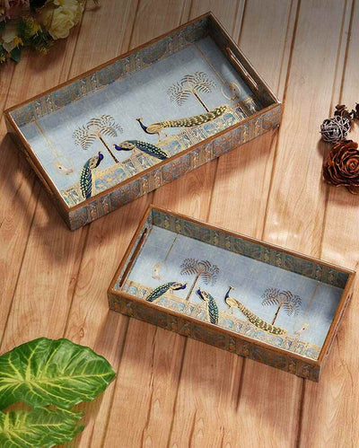 Handcrafted Royal Blue Peacock Serving Mdf Trays | Set Of 2