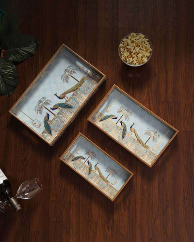 Royal Blue Peacock Serving Mdf Trays | Set Of 3