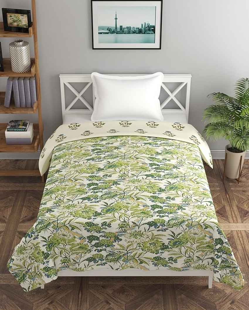 Reversible Green Coconut Tree & Flower Shape Printed Kids Comfy Quilts Cover With Zipper