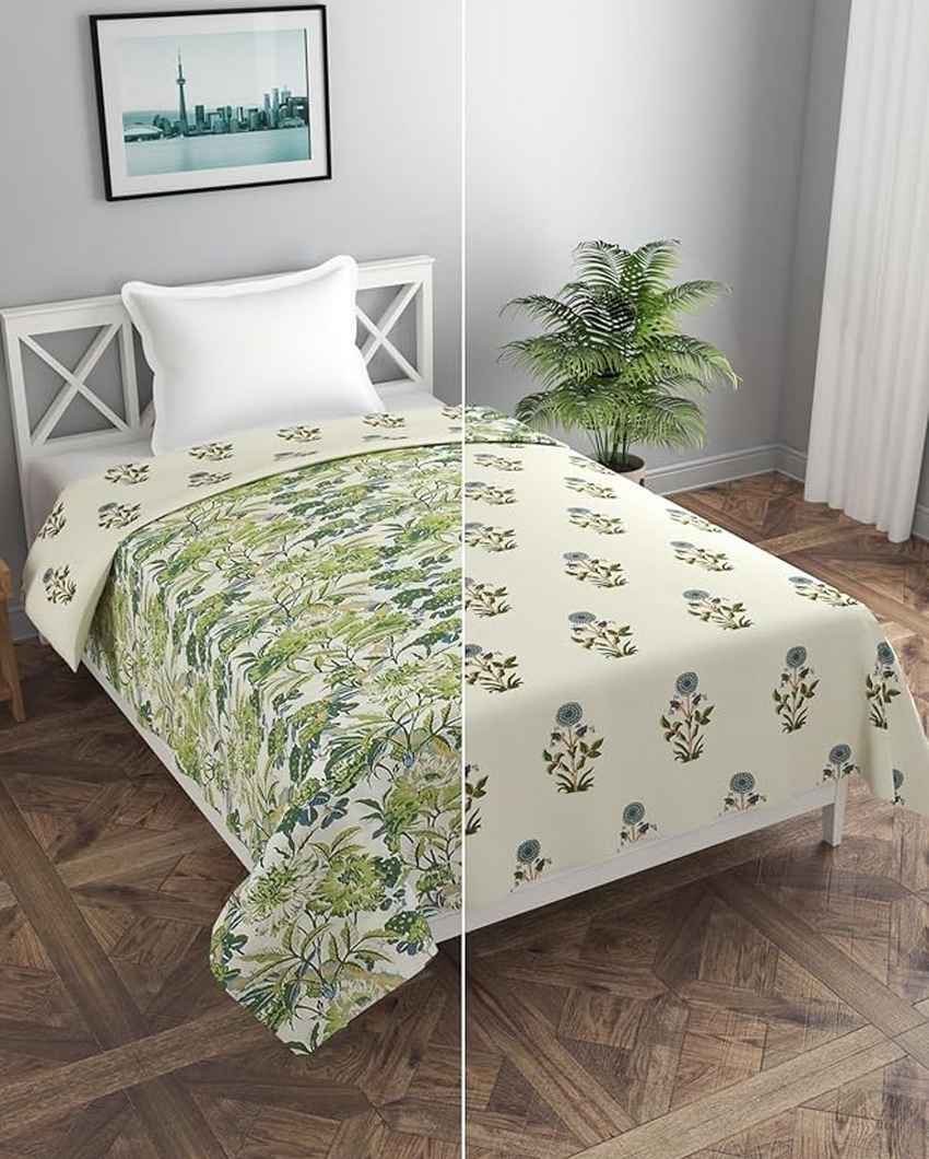 Reversible Green Coconut Tree & Flower Shape Printed Kids Comfy Quilts Cover With Zipper