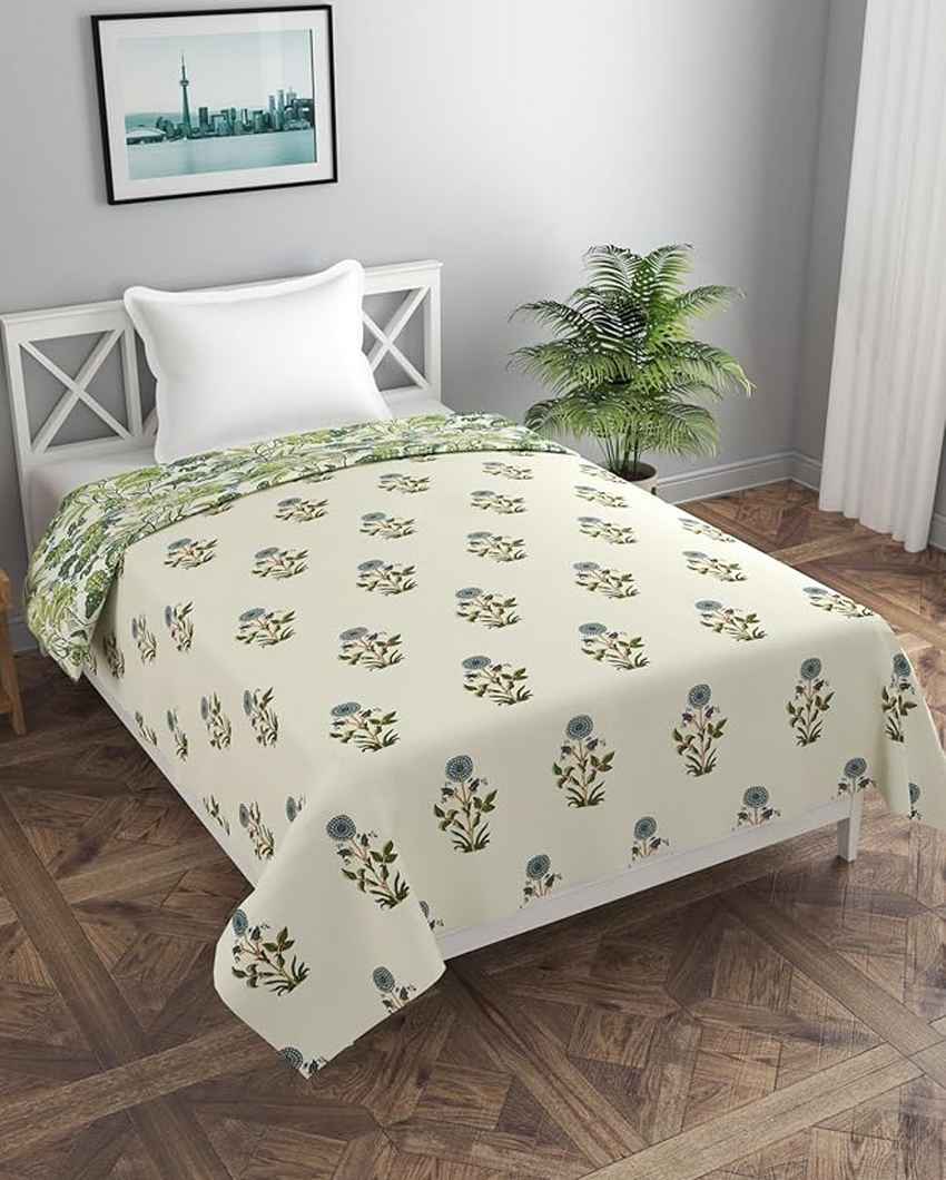 Reversible Green Coconut Tree & Flower Shape Printed Kids Comfy Quilts Cover With Zipper