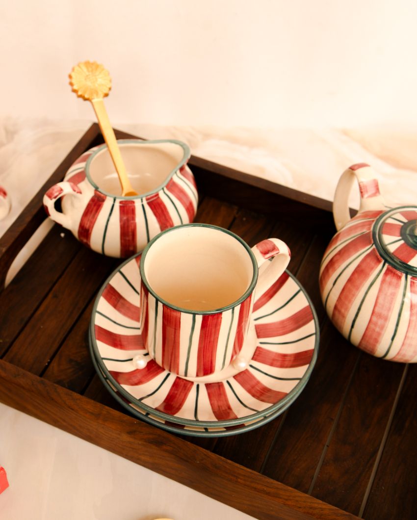 Crimson Stripes Ceramic Tea Set