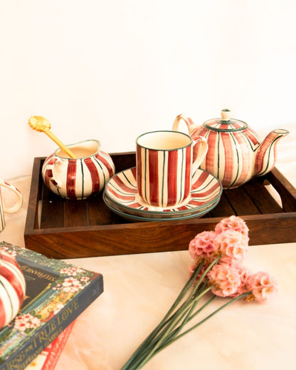 Crimson Stripes Ceramic Tea Set