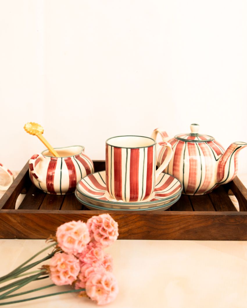 Crimson Stripes Ceramic Tea Set