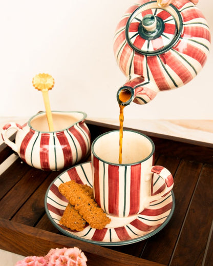 Crimson Stripes Ceramic Tea Set