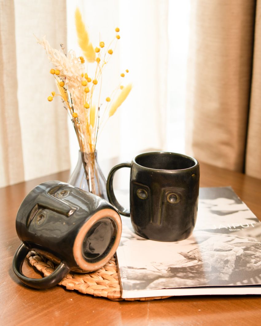 Black Face Ceramic Coffee Mugs | Set of 2 | 4 x 4 inches