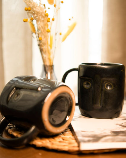 Black Face Ceramic Coffee Mugs | Set of 2 | 4 x 4 inches