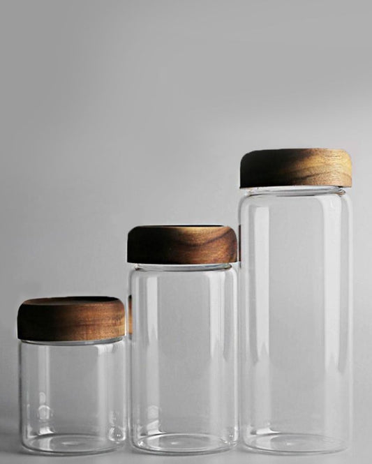 Glass Round Airtight Container With Wooden Lid | Set Of 3