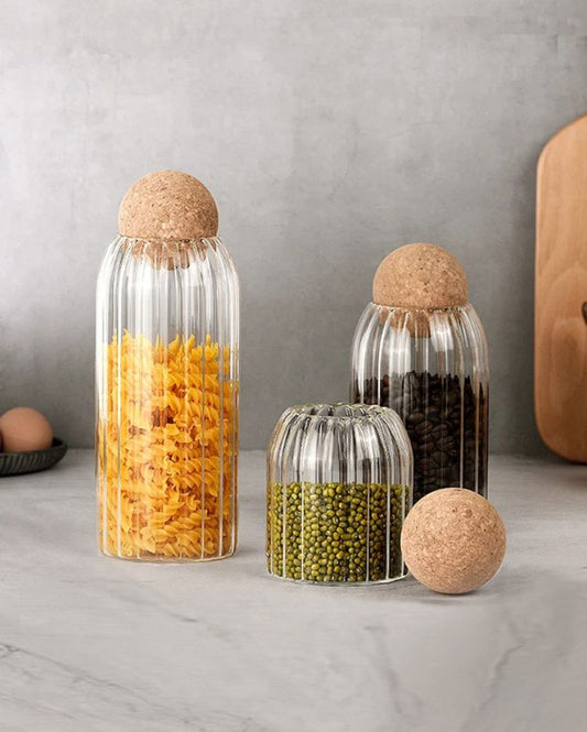 Ribbed Glass Jar With Cork Ball Lid | Set Of 3
