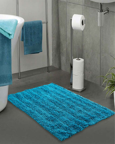 Tufted Striped Cotton Bathroom Rug | 24x16 inches Blue