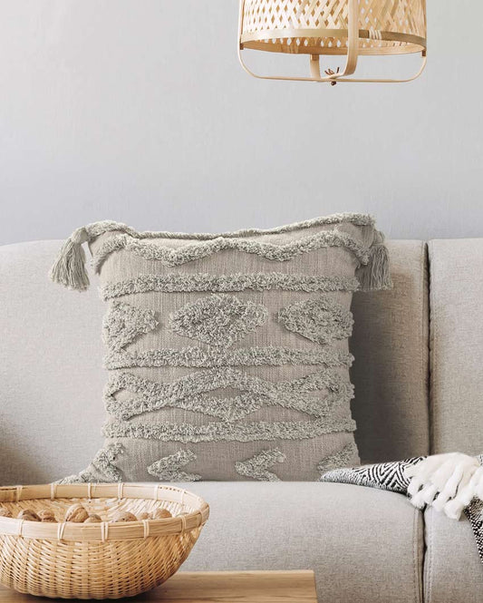Tassel Trims Cotton Cushion Cover | 16x16 inches