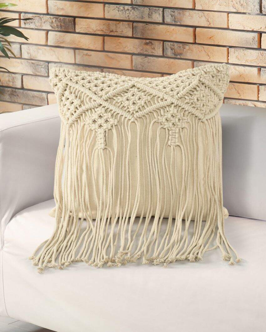 Natural Macrame Cushion With Fringe | 18 x 18 inches