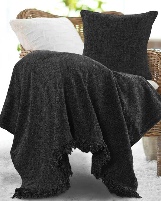 Black Polyester Throw with Cushion Cover