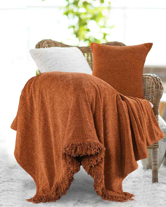 Chenille Throw With Cushion Cover Brown