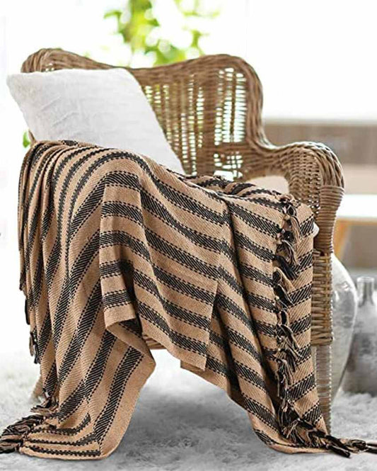 Handwoven Neutral toned Lined Throw With Tasseled Edges | 71 x 51 inches