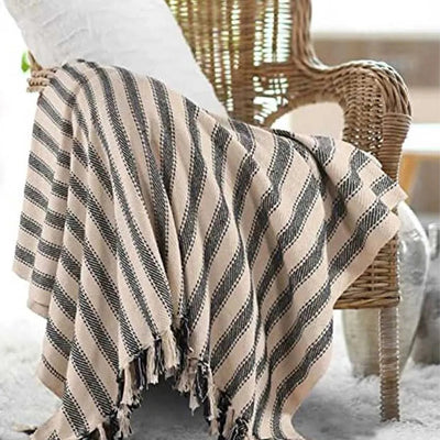 Handwoven Dual toned Striped Throw With Tasseled Edges | 71 x 51 inches