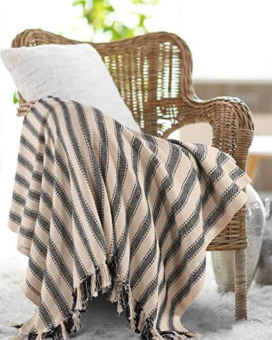 Handwoven Dual toned Striped Throw With Tasseled Edges | 71 x 51 inches
