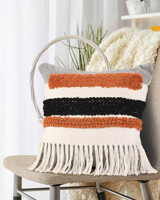 Multicolor Striped Tufted Cotton Cushion Cover | 18x18 inches