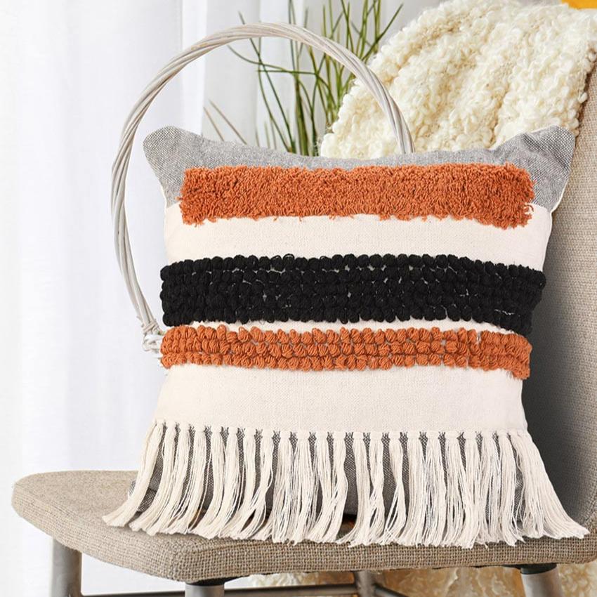 Multicolor Striped Tufted Cotton Cushion Cover | 18x18 inches