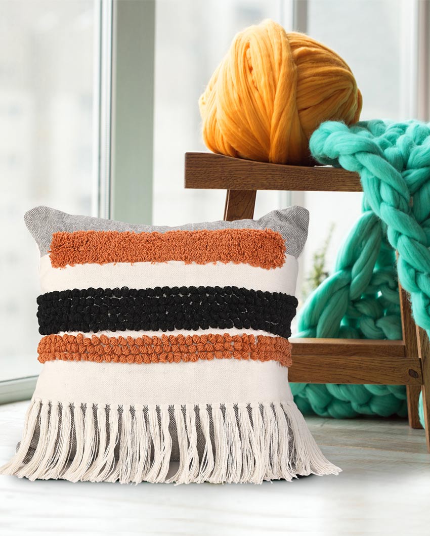 Multicolor Striped Tufted Cotton Cushion Cover | 18x18 inches