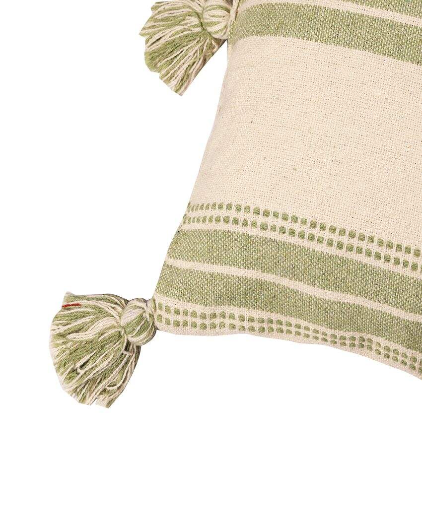 Green Striped and Tassels Cushion Cover | 16 x 16 inches