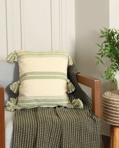 Green Striped and Tassels Cushion Cover | 16 x 16 inches