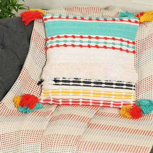 Multi-Colored Cotton Cushion Cover With Tassels | 18 x 18 inches