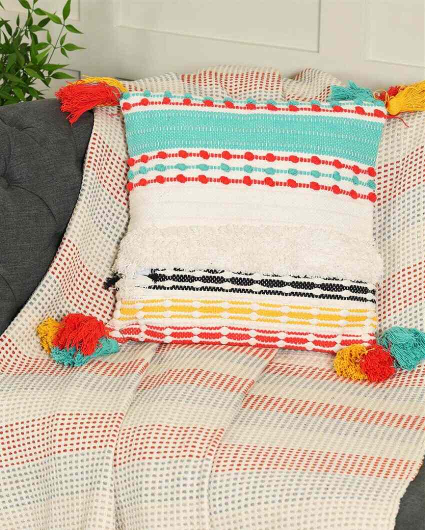 Multi-Colored Cotton Cushion Cover With Tassels | 18 x 18 inches