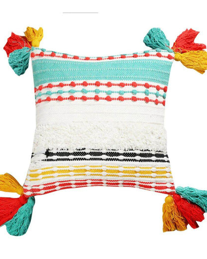 Multi-Colored Cotton Cushion Cover With Tassels | 18 x 18 inches