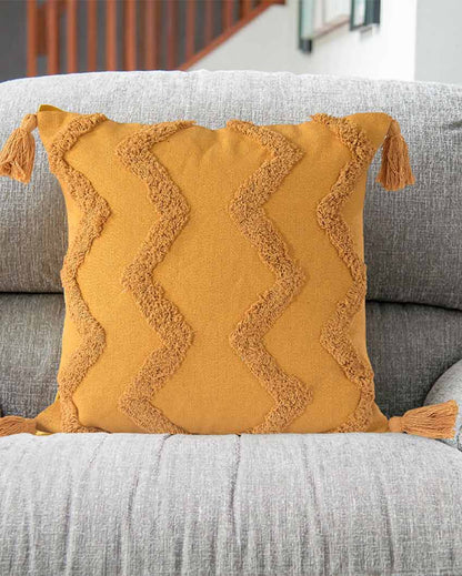 Chevron Tufted Tassels Cushion Cover | 18x18 inches Yellow